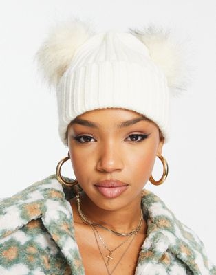 My Accessories London double pom ribbed beanie in white