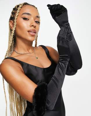 My Accessories My Accessories London elbow length gloves in black with faux fur
