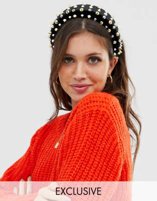 My Accessories London Exclusive mixed metal studded headband-Black Black