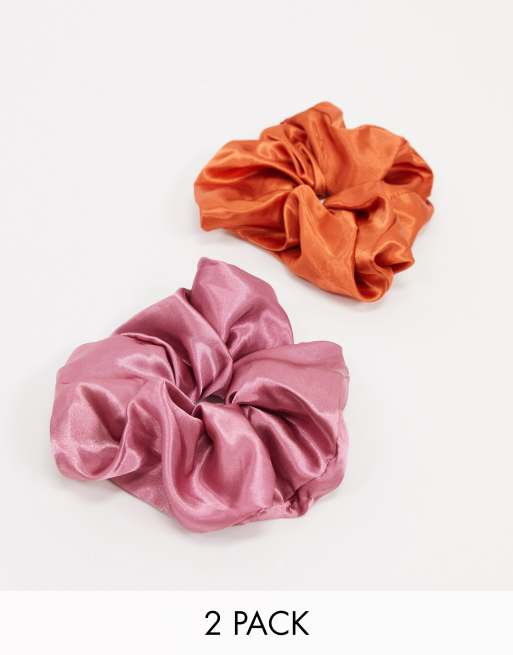 My Accessories London Exclusive 2 pack oversized satin hair scrunchies in rust and pink