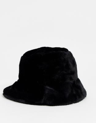 black faux fur bucket hat