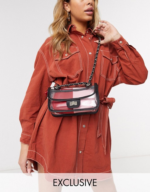 My Accessories London Exclusive clear cross body bag with colourblock red and pink inner pouch