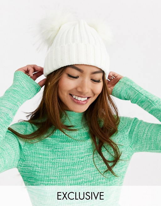 My Accessories London Exclusive double pom beanie hat in winter white