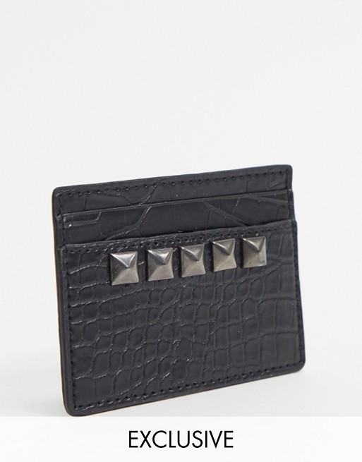 My Accessories London Exclusive faux croc card holder in black with studding