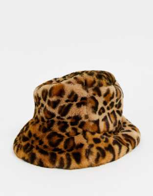 furry leopard print bucket hat