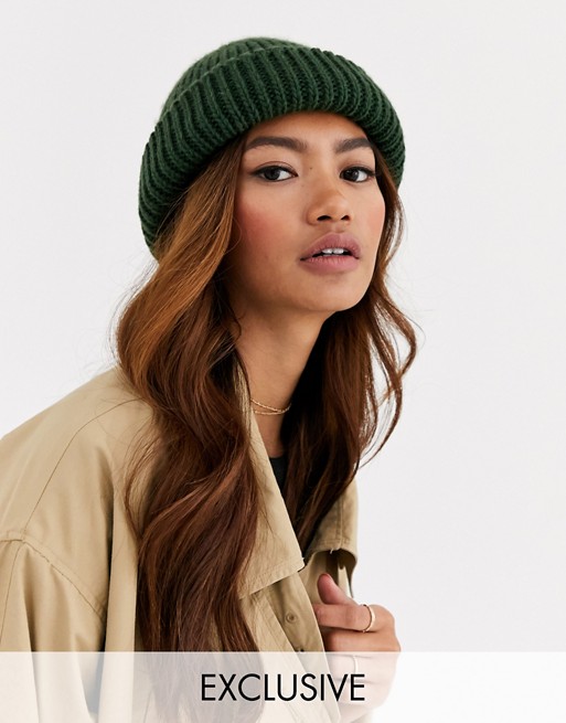 My Accessories London Exclusive green double layer knitted beanie hat