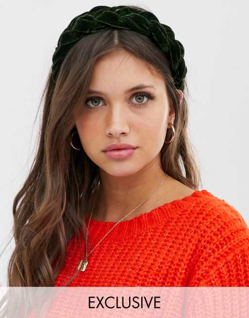 My Accessories London Exclusive khaki green velvet plaited headband ASOS