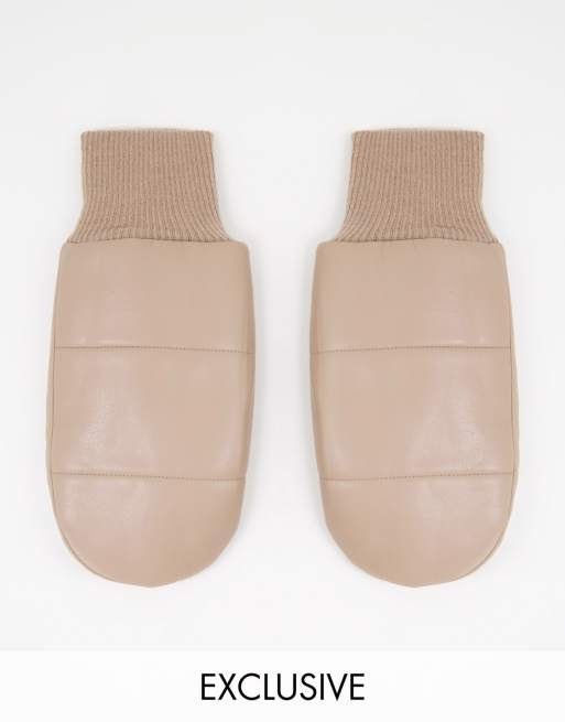 My Accessories London Exclusive leather look padded mittens in beige