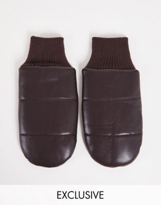 My Accessories London Exclusive leather look padded mittens in brown
