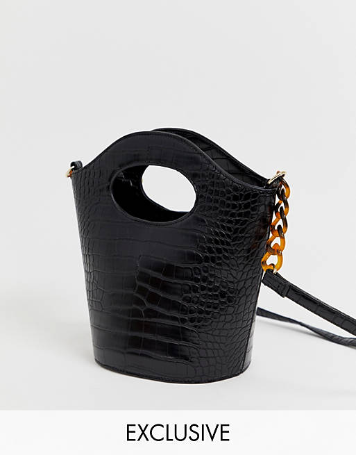My Accessories London Exclusive mock croc bucket cross body bag with resin strap detail