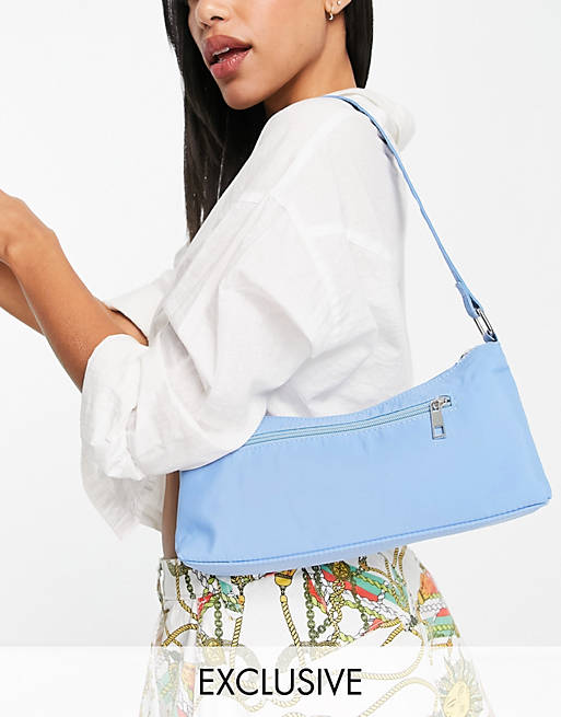 My Accessories London Exclusive nylon shoulder bag in light blue with front zip