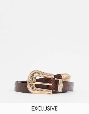 my accessories -  London – Exclusive – Oversize-Jeansgürtel in Kroko-Braun mit Westernschnalle