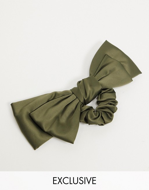 My Accessories London Exclusive oversized bow hair scrunchie in khaki satin