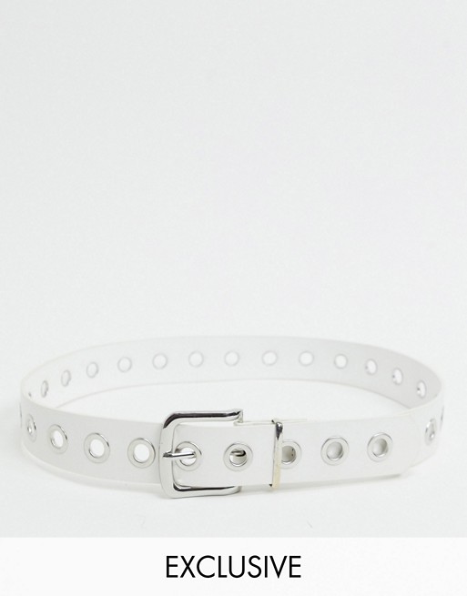 My Accessories London Exclusive silver eyelet waist and hip jeans belt in white