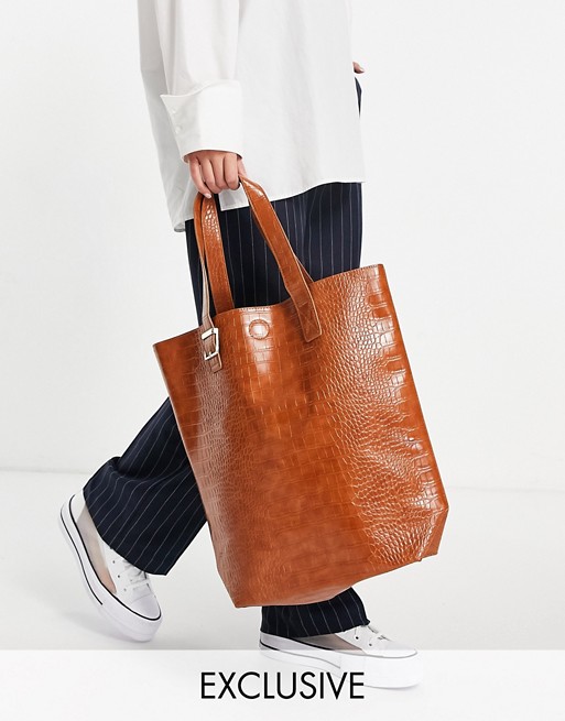 My Accessories London Exclusive tote shopper bag in brown croc