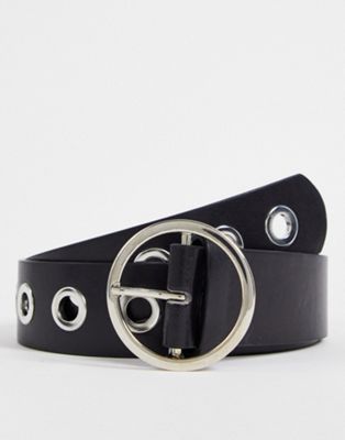 My Accessories London Exclusive waist and hip jeans round buckle belt in black with silver eyelets