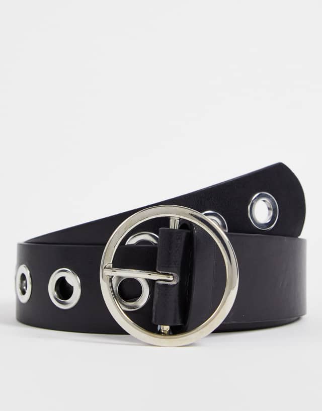 My Accessories London Exclusive waist and hip jeans round buckle belt in black with silver eyelets