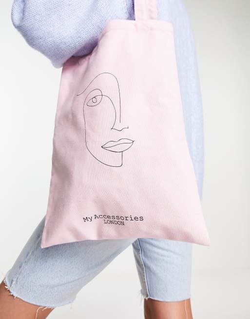 My Accessories London - Exclusivité - Tote bag en tissu avec imprimé visage abstrait noir - PINK