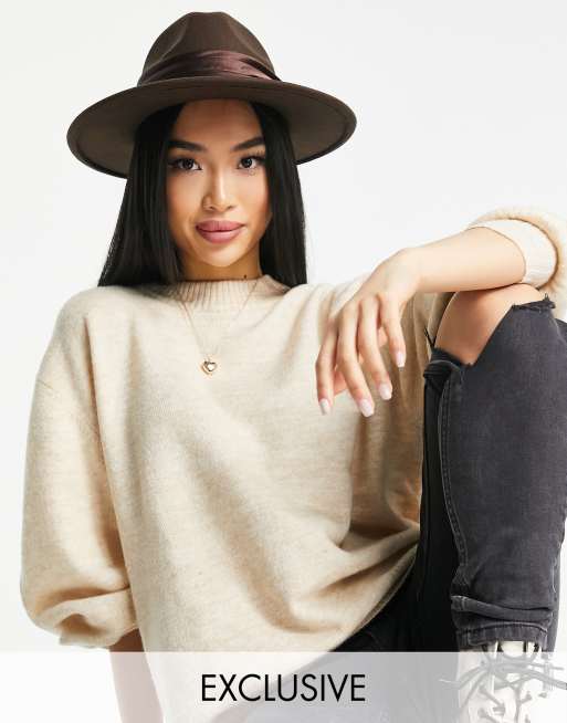 My Accessories London – Exklusiver, verstellbarer Fedora-Hut in kräftigem Braun mit farblich abgestimmtem Satinbesatz