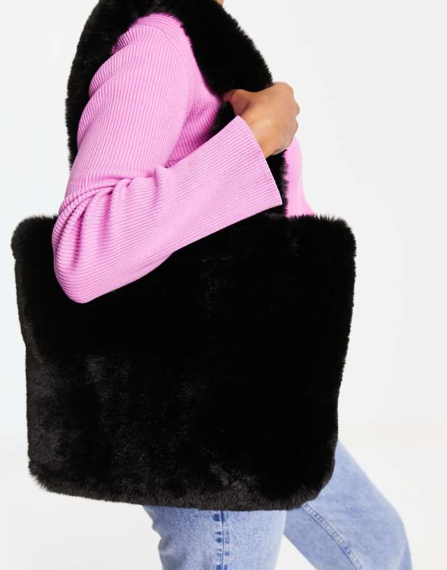 My Accessories London faux fur teddy tote in black