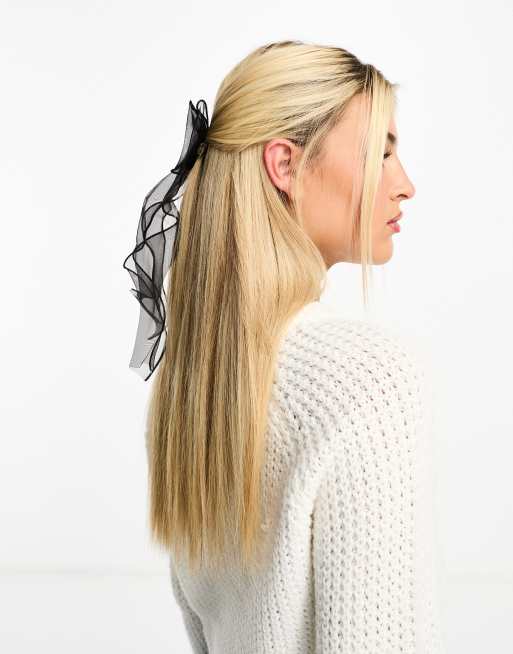 My Accessories London - Fermaglio per capelli nero a forma di fiocco in organza con perle, 3 di 4