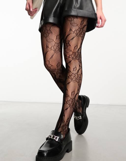 UO Black Mixed Floral Lace Tights