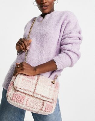 My Accessories London foldover cross-body bag in pink check teddy fur