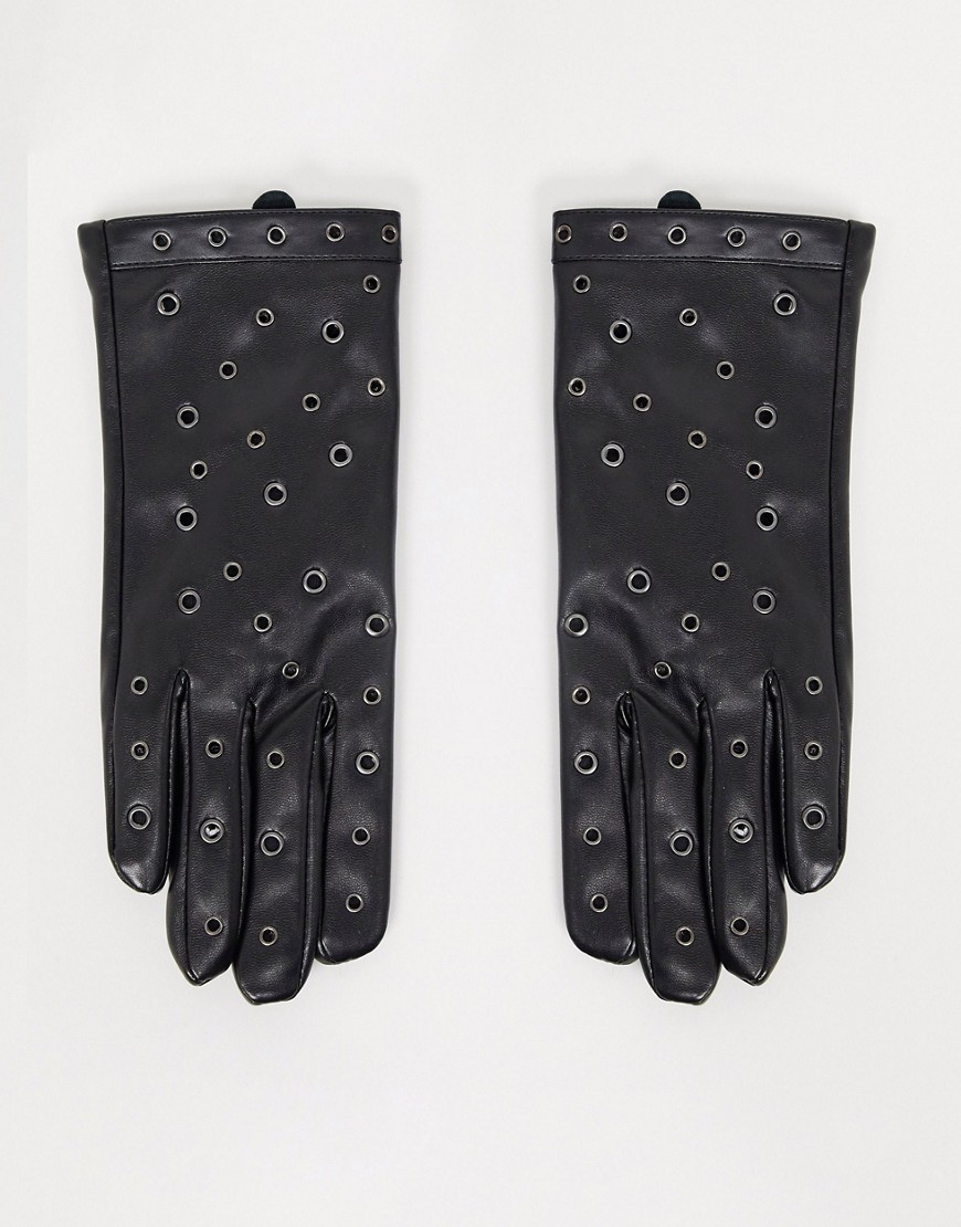 My Accessories London gloves with eyelet detail in black faux leather