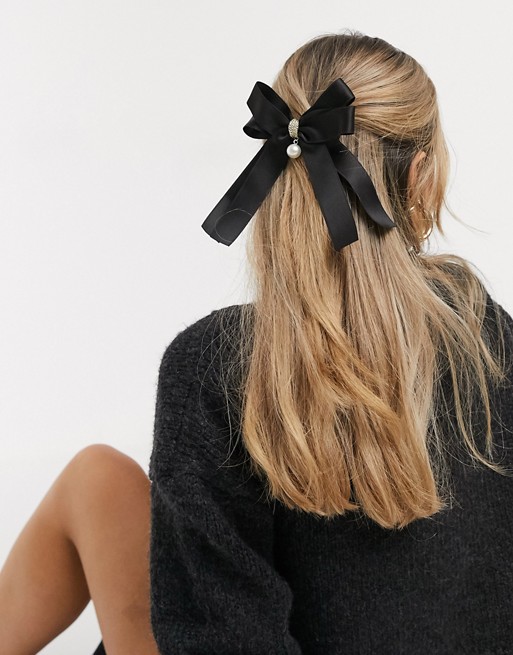 My Accessories London hair bow with pearl detail in black