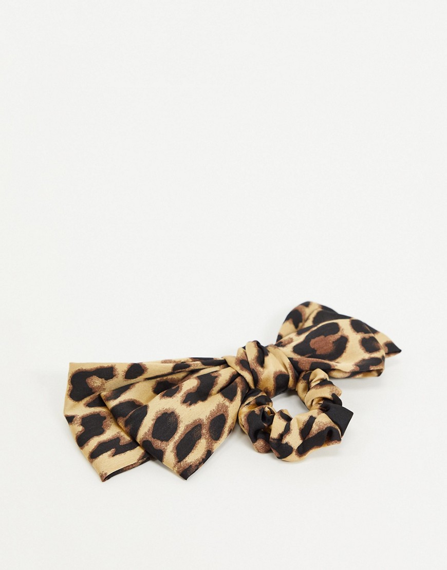 My Accessories London Hair Tie Scrunchie With Bow In Leopard Print-multi