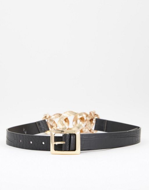 Black Waist Belt With Gold Chain Detail