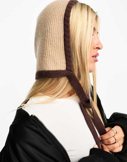 My Accessories London knit tie detail hood in beige and brown