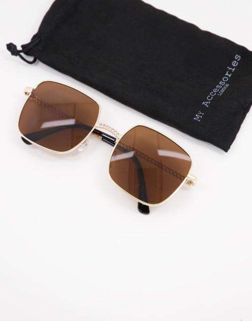 My Accessories London – Kwadratowe okulary przeciwsłoneczne ze złotymi oprawkami i brązowymi szkłami
