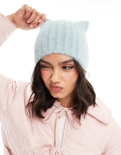 My Accessories London – Niebieska kwadratowa czapka beanie z puszystej dzianiny