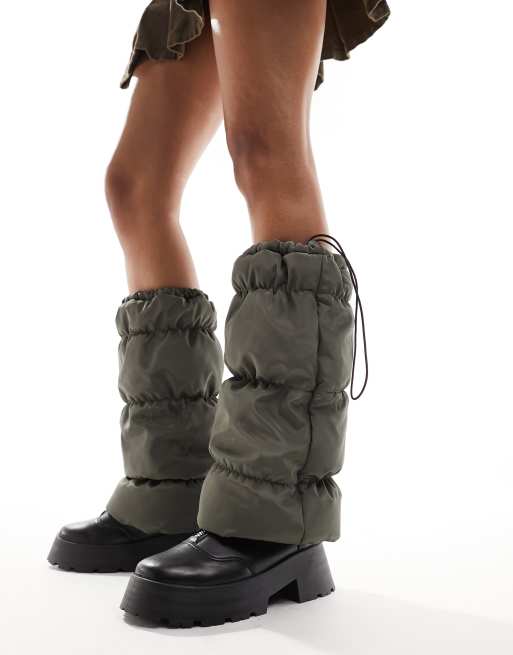 My Accessories London nylon puffer leg warmers in khaki