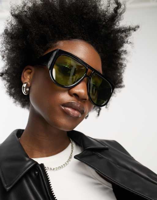 My Accessories London - Occhiali da sole oversize aviatore neri con lenti gialle, 2 di 4
