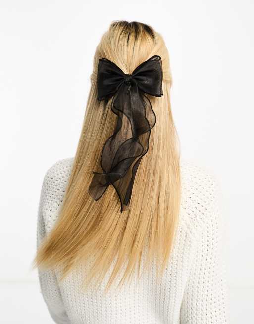 My Accessories London organza pearl bow hair clip in black