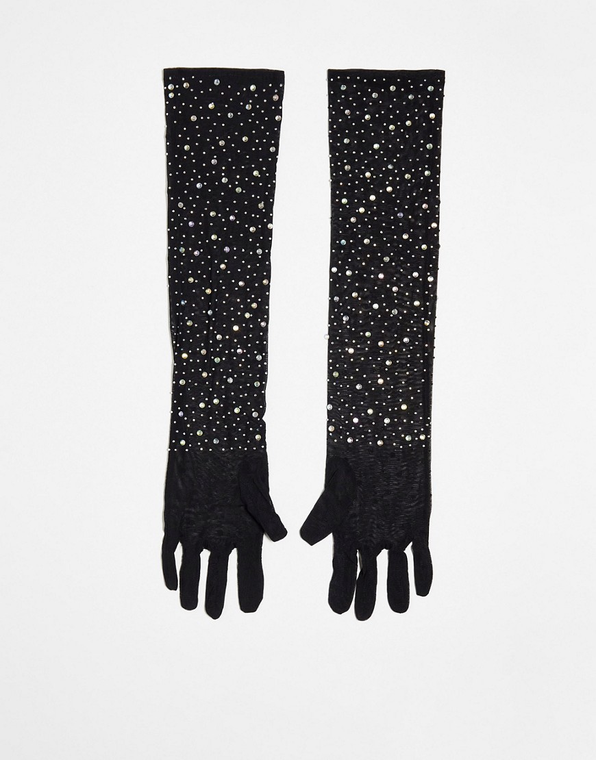 My Accessories London over the elbow long rhinestone gloves in black