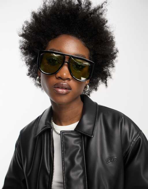 My Accessories London oversized aviator sunglasses in black with yellow lens