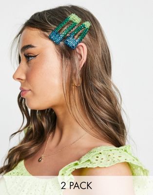 My Accessories London oversized hair clip 2 pack in green and blue bead