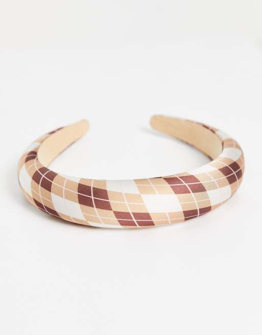 My Accessories London padded alice band in beige plaid check ASOS