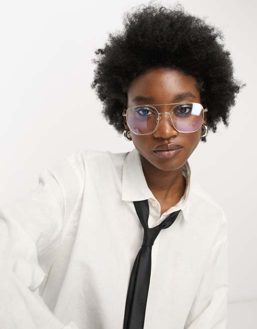 My Accessories London - Pilotenbril met blauw licht filter in goudkleurig metaal