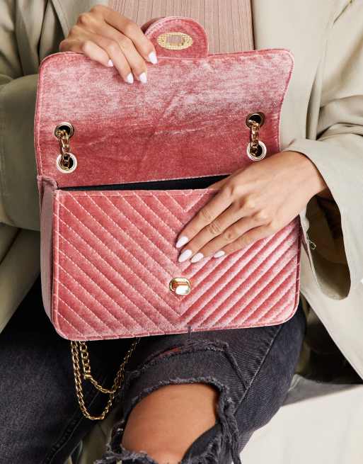 My Accessories London quilted velvet cross body bag in pink