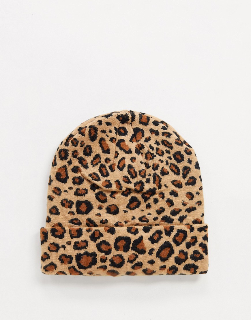 My Accessories London ribbed beanie hat in leopard print-Multi