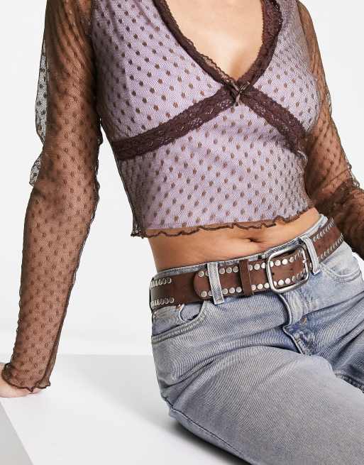 My Accessories London - Riem in bruin met vierkante zilverkleurige gesp en studs