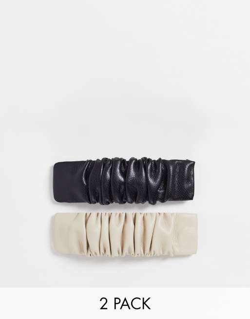 My Accessories London ruched PU 2 x multipack snap hair clips in black and beige