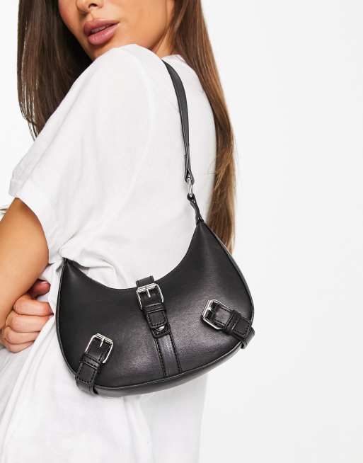 My Accessories London - Schoudertas in zwart met zilverkleurige gespen