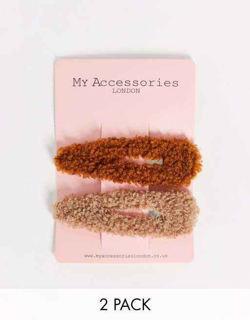 My Accessories London - Set van 2 haarklipjes met teddystof in bruintinten