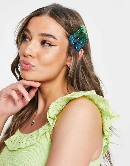 My Accessories London - Set van 2 oversized haarclips met groene en blauwe kralen, 2 van 4