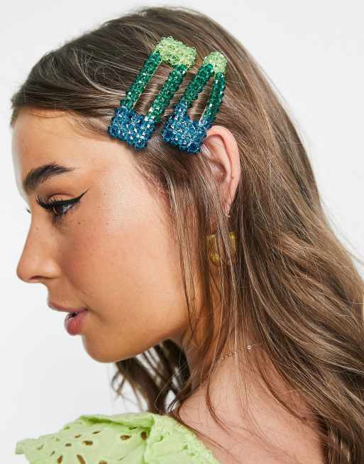 My Accessories London - Set van 2 oversized haarclips met groene en blauwe kralen, 3 van 4